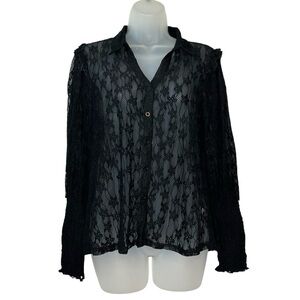 AMBER SKIES Women Size M Black Sheer Lace Gothic Long‎ Puff Sleeve Blouse Top
